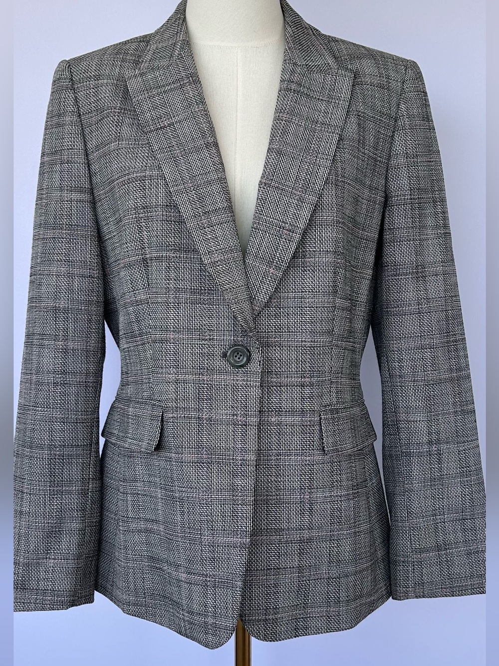 Tahari Arthur S. Levine Grey/Pink Glen Plaid Single-Button Blazer Size 10